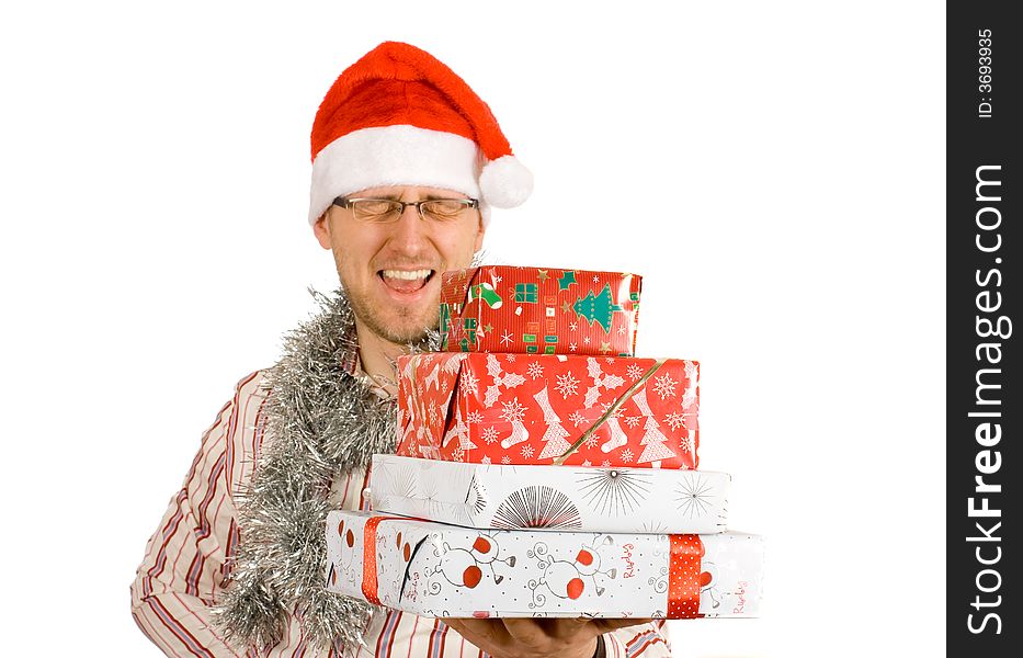 Santa holding pile of gifts, presents