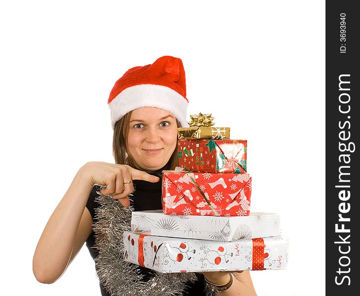 Young cheerful girl with santa hat, christmas. Young cheerful girl with santa hat, christmas