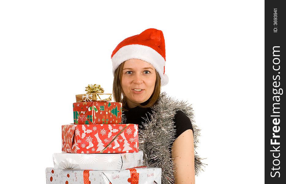 Young cheerful girl with santa hat, christmas. Young cheerful girl with santa hat, christmas