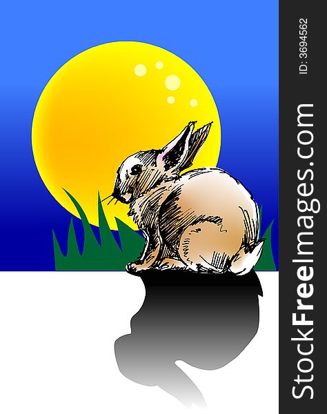 Illustration, vector for a rabbit with a full moon at night