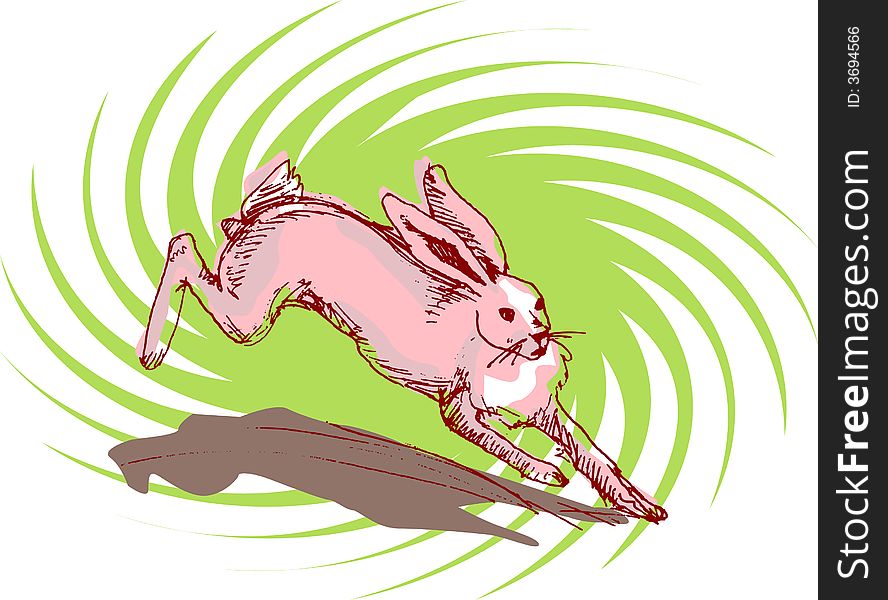 Illustration, vector for a jumping rabbit with a twirl background