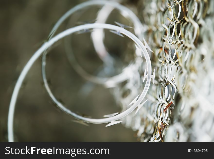 Razor wire and a rusty section of a chain link fence. Razor wire and a rusty section of a chain link fence.