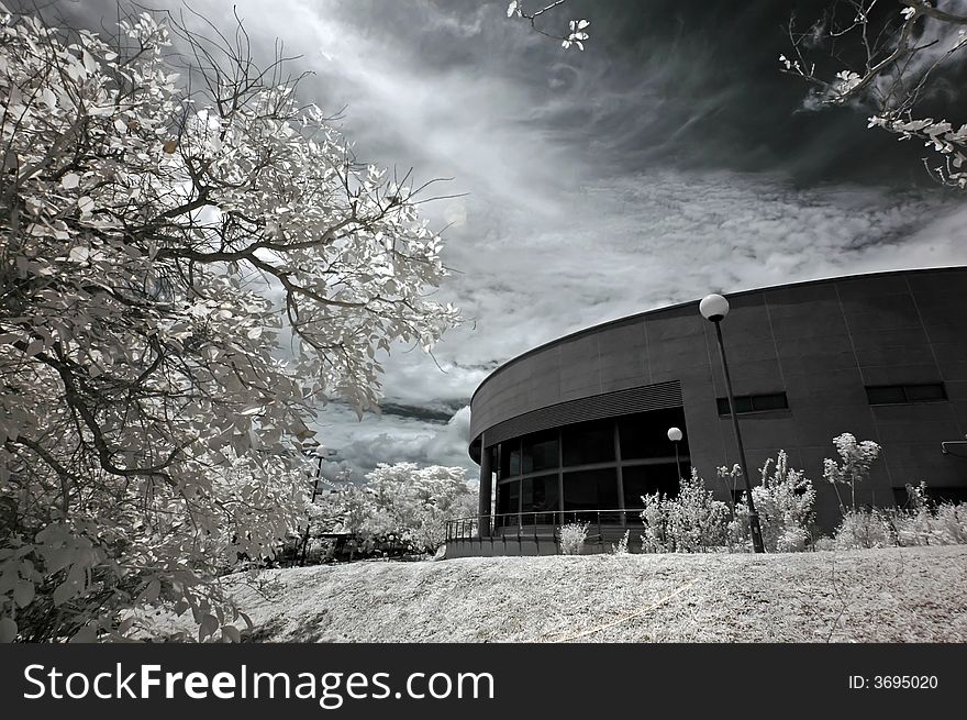 Infrared photo â€“ tree, building and cloud in the parks