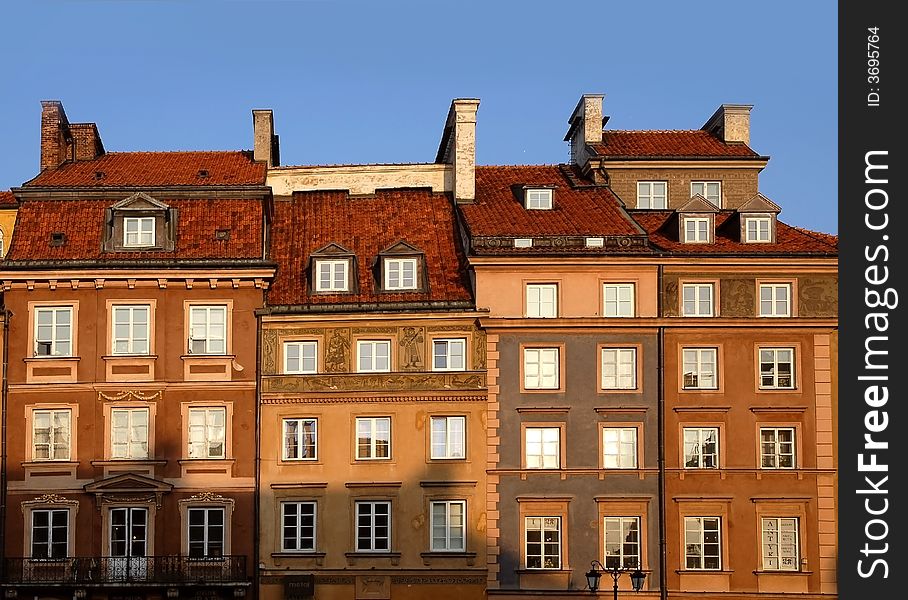 Rynek in historical district of Old City in Warsaw. Square south facade buildings view. Rynek in historical district of Old City in Warsaw. Square south facade buildings view.