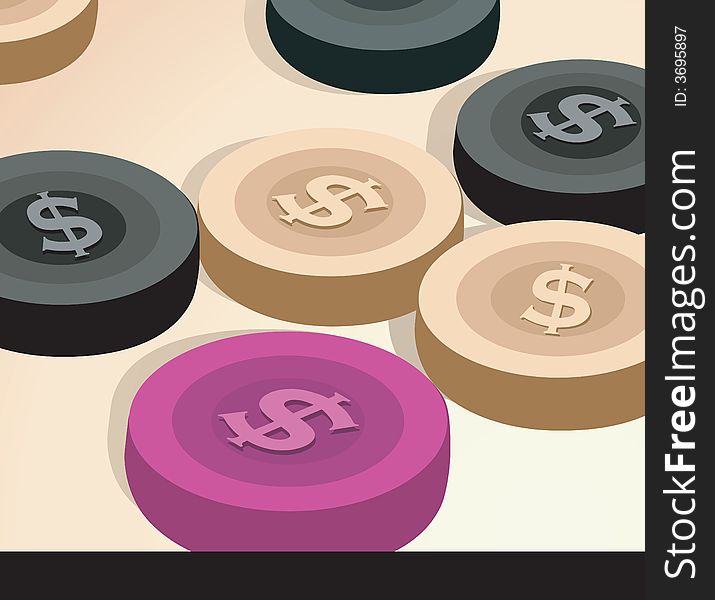Silhouette of different Coloured dollar coins on a board. Silhouette of different Coloured dollar coins on a board