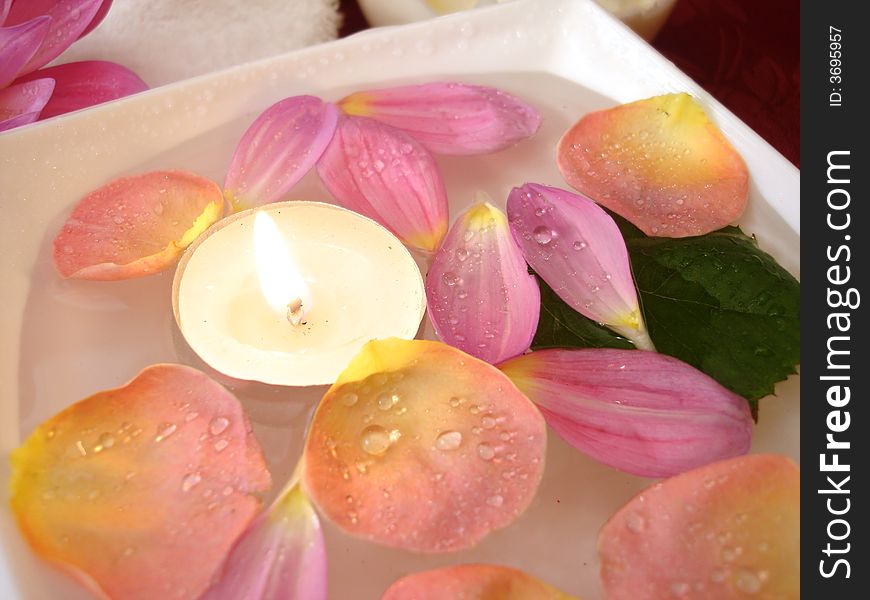 Candle with petals of flowers on water