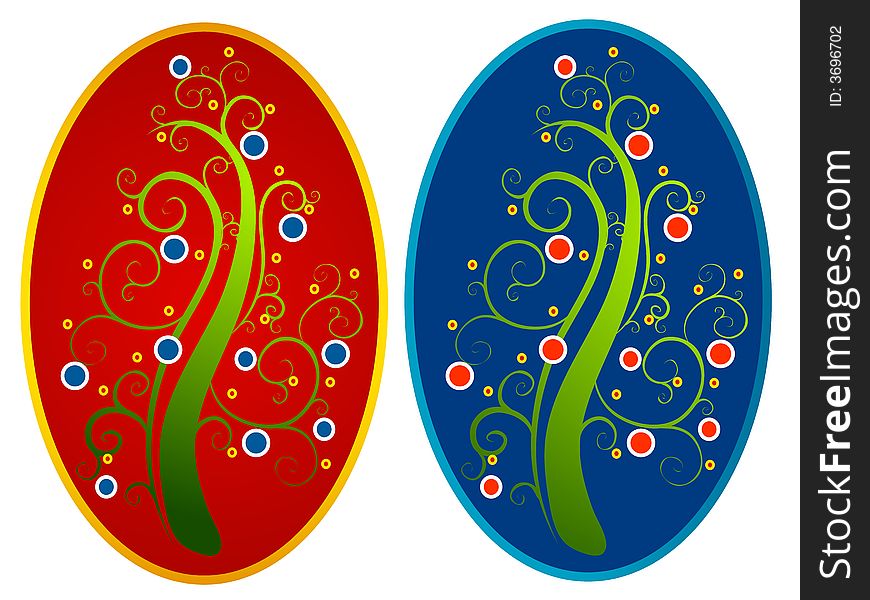 A clip art illustration featuring your choice of 2 abstract Christmas tree cards within oval shapes in red, blue and green colors. A clip art illustration featuring your choice of 2 abstract Christmas tree cards within oval shapes in red, blue and green colors