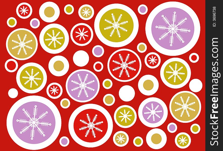 A background illustration featuring a variety of snowflakes in colorful retro circles set against red background. A background illustration featuring a variety of snowflakes in colorful retro circles set against red background