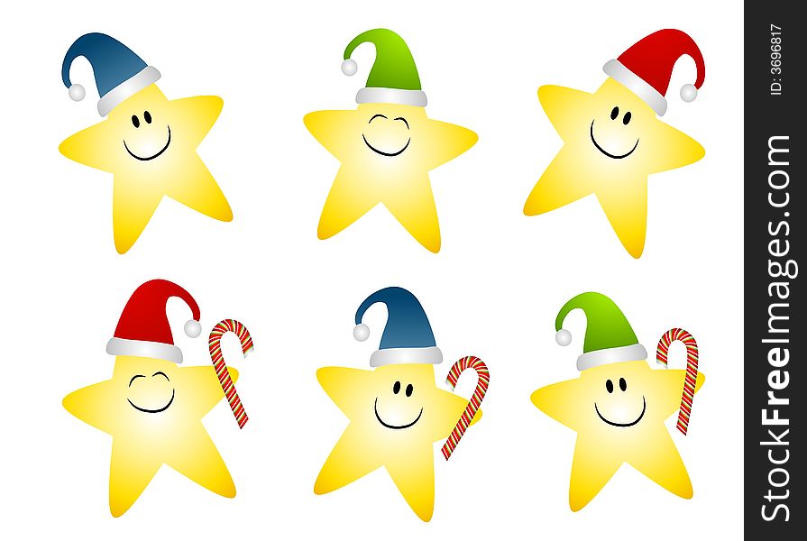 A clip art illustration of your choice of 6 gold colored Christmas stars smiling and dressed in Santa hats with bottom 3 holding candy canes. A clip art illustration of your choice of 6 gold colored Christmas stars smiling and dressed in Santa hats with bottom 3 holding candy canes
