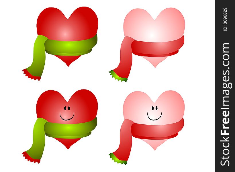 A clip art illustration featuring your choice of 4 pink and red Christmas themed hearts wearing scarves. Top row is blank for words, etc. while the bottom has smiling faces - all isolated on white. A clip art illustration featuring your choice of 4 pink and red Christmas themed hearts wearing scarves. Top row is blank for words, etc. while the bottom has smiling faces - all isolated on white