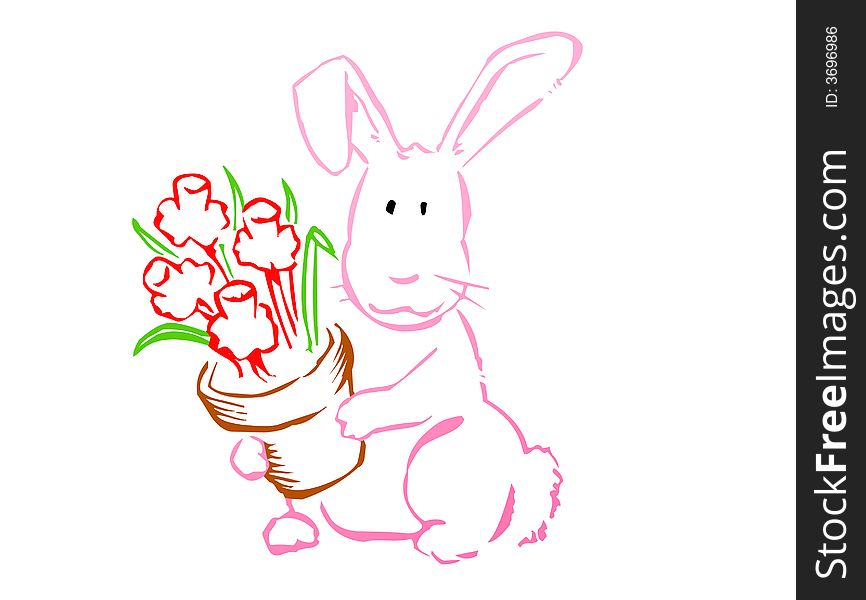 Fluffy hare carry the pot with red rose, fascinating and funny, amusing and playful. Fluffy hare carry the pot with red rose, fascinating and funny, amusing and playful.