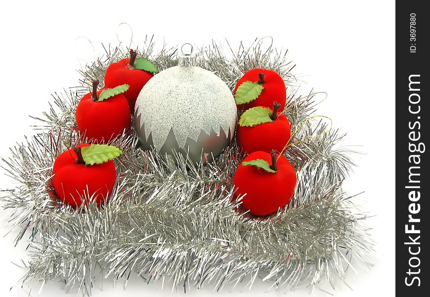 Christmas bulbs with apples on white background