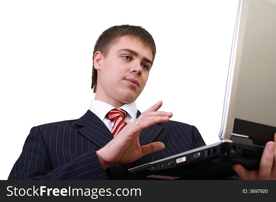 Cheerful businessman with laptop computer