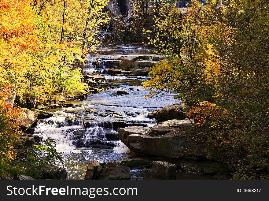 Colorful scene of creek and autumn trees along the bank. Colorful scene of creek and autumn trees along the bank