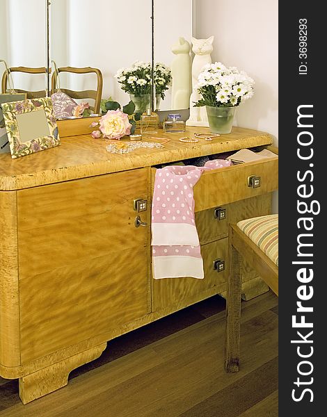 Classic,wooden dresser in bedroom