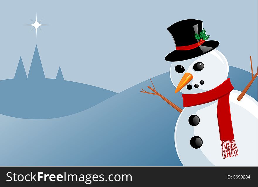 Plastic looking snowman with a top hat and scarf. Snowy landscape with pine trees in the background and a star in the sky. Plastic looking snowman with a top hat and scarf. Snowy landscape with pine trees in the background and a star in the sky.