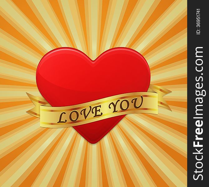 Heart with ribbon and phrase Love You. Vector concept illustration.