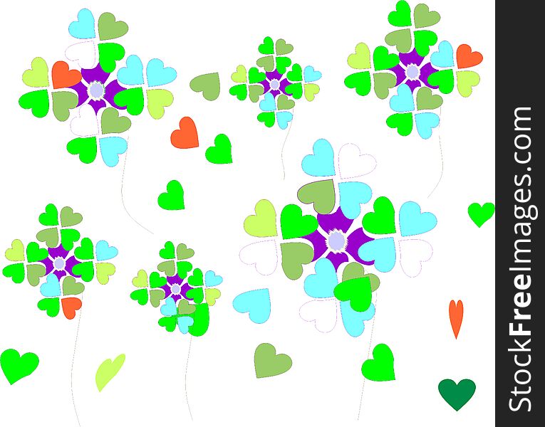 A carefree illustration for spring with hearts and flowers on a white background. A carefree illustration for spring with hearts and flowers on a white background.