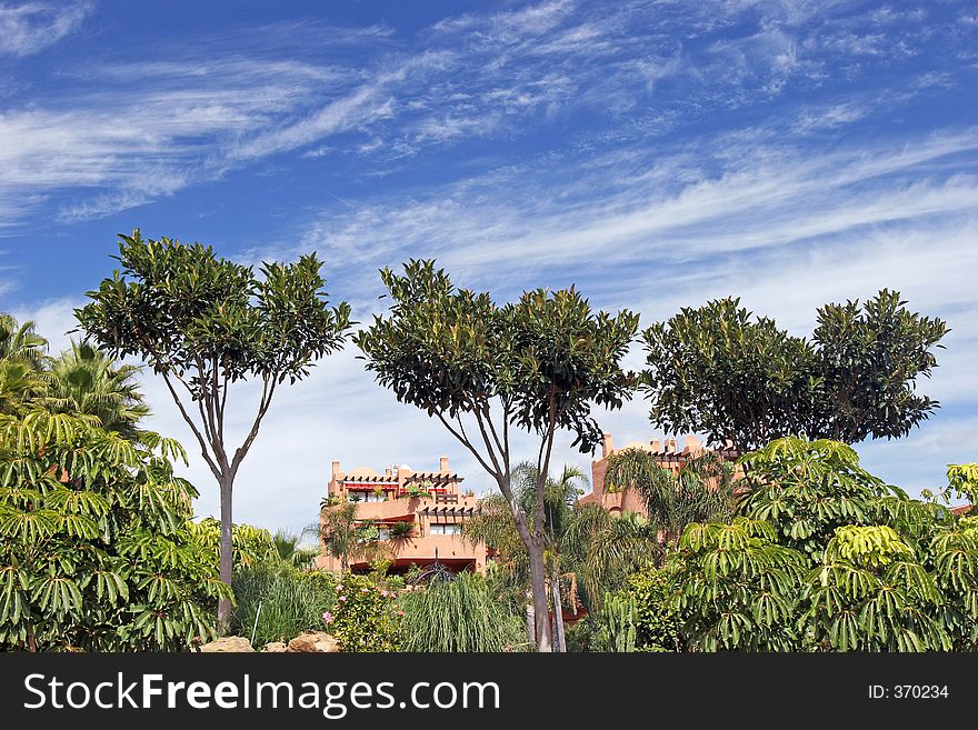 Luxury apartment block and trees in sunny Puerto Banus or Nueva Andalucia on the Costa del Sol in southern spain. Luxury apartment block and trees in sunny Puerto Banus or Nueva Andalucia on the Costa del Sol in southern spain