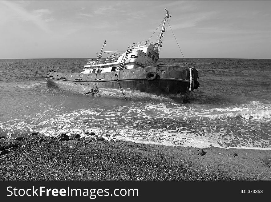 Shipwrecked trawler on the Musandam coast, Oman