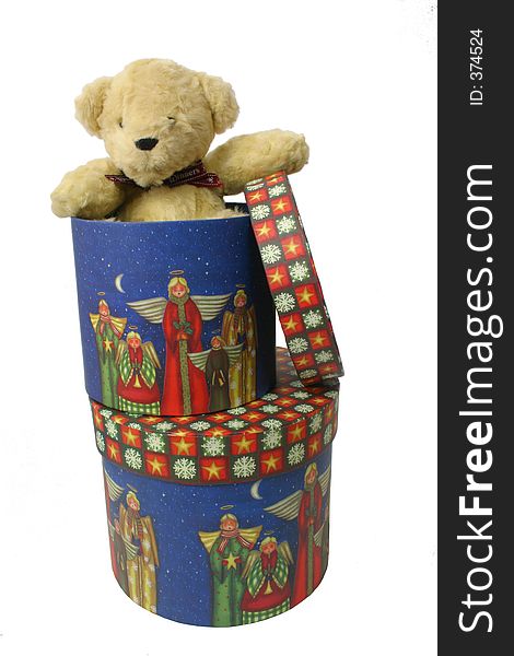Teddy bear comes out of a seasonal gift box. Teddy bear comes out of a seasonal gift box