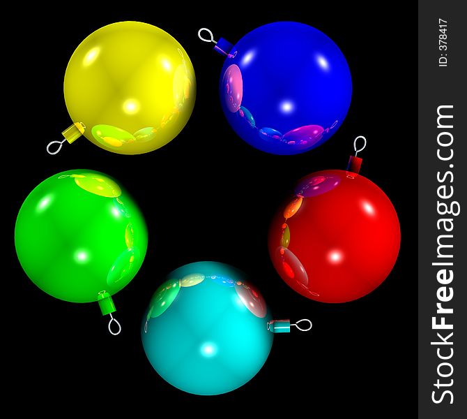 Computerized illustration of five multicolor Christmas balls, that are reflected to each other and with a shining star in the center. With Channel Alpha. Computerized illustration of five multicolor Christmas balls, that are reflected to each other and with a shining star in the center. With Channel Alpha.