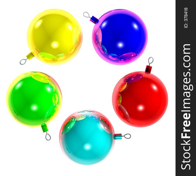 Computerized illustration of five multicolor Christmas balls, that are reflected to each other and with a shining star in the center. With Channel Alpha. Computerized illustration of five multicolor Christmas balls, that are reflected to each other and with a shining star in the center. With Channel Alpha.