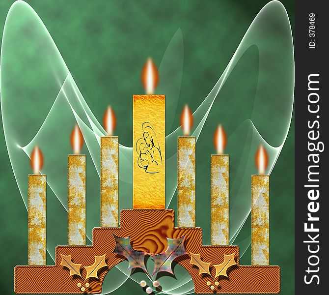 Seven candles on steps with a veil background. Seven candles on steps with a veil background
