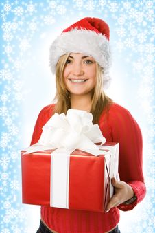 Christmas Girl In Red Hat With Box Gift Stock Image Christmas Girl In Red Hat With Box Gift Stock Image