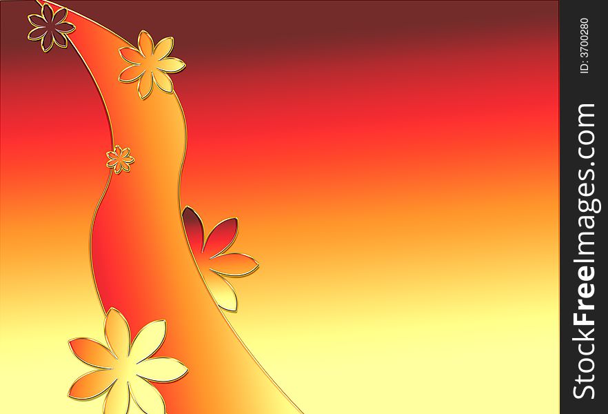 Background of red-yellow color. Flowers and a wavy line. Background of red-yellow color. Flowers and a wavy line.