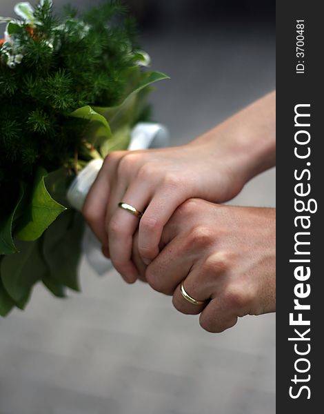 Closeup of hands with rings - wedding day. Closeup of hands with rings - wedding day