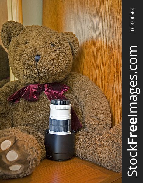 An expensive camera lens posed with a stuffed bear. An expensive camera lens posed with a stuffed bear