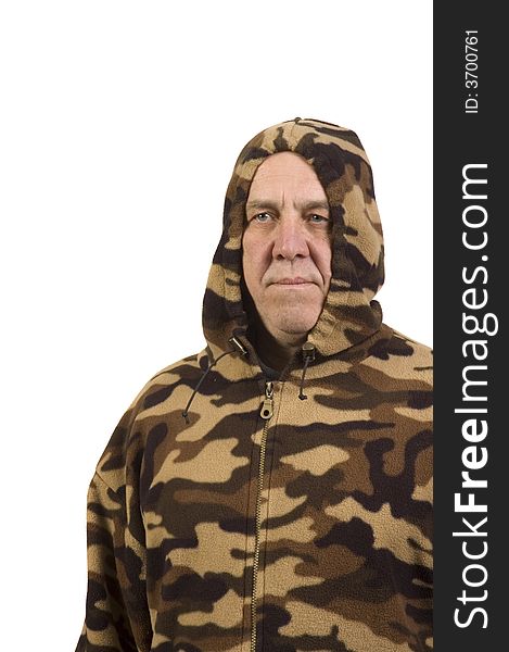 Hunter in camouflage jacket isolated over white