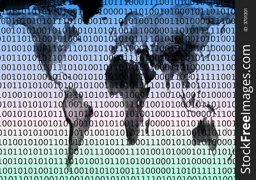 Map showing binary code on international scale. Map showing binary code on international scale