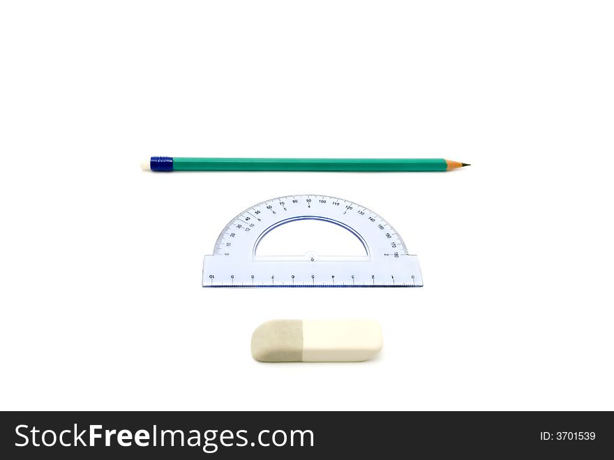 Pencil, eraser and protractor on a white background