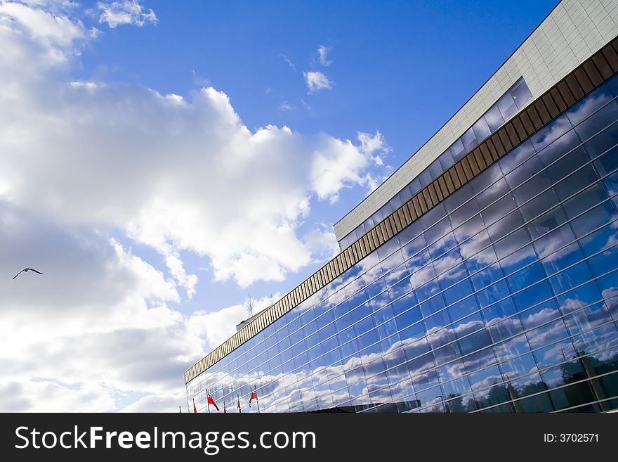 Clouded sky reflected into glassy wall of administrative building and flying bird. Clouded sky reflected into glassy wall of administrative building and flying bird