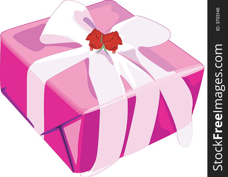 Gift box decorated with ribbon and rose.