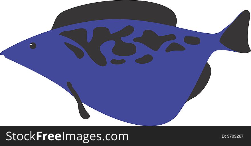A blue fish with black shades on a white background
