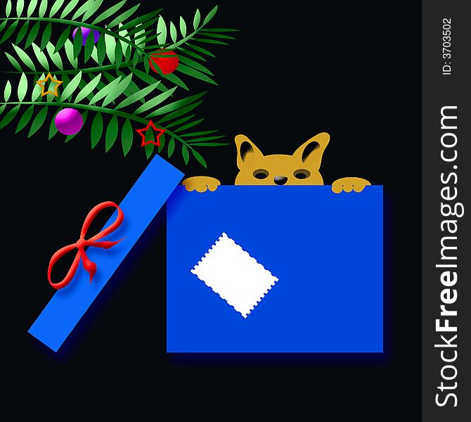 Christmas puppy peeking over top of gift box illustration