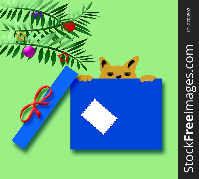 Christmas puppy peeking over top of gift box illustration
