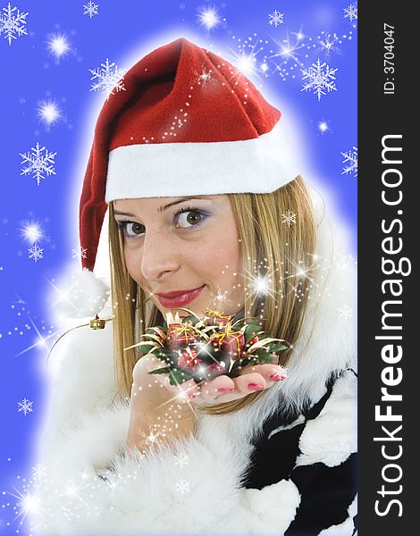 Beautiful woman with christmas decoration on  background