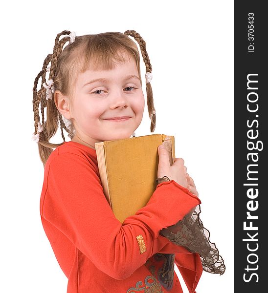 The girl with old books on a white background. The girl with old books on a white background