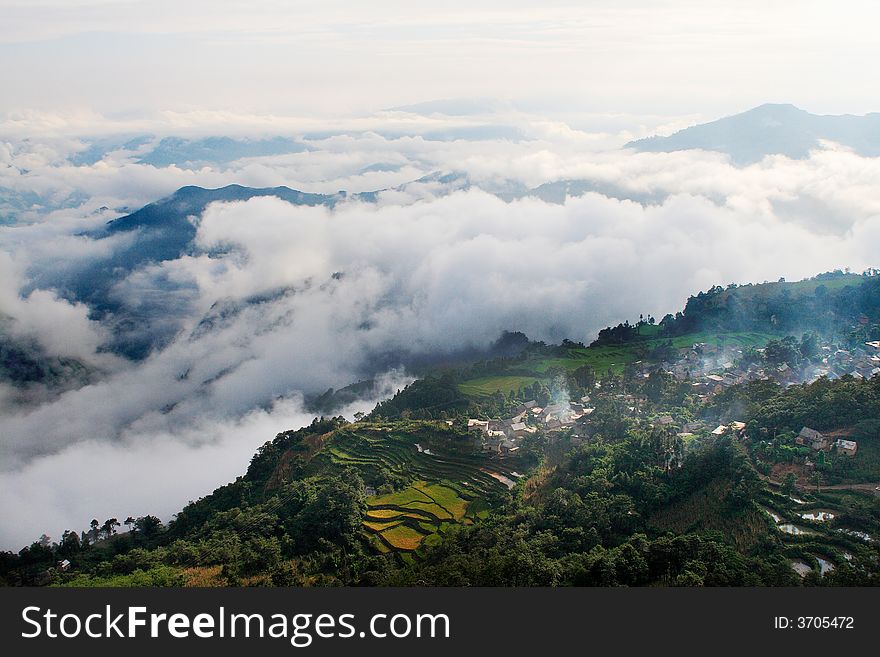 Morning of a small village by the cloud sea in southwest China