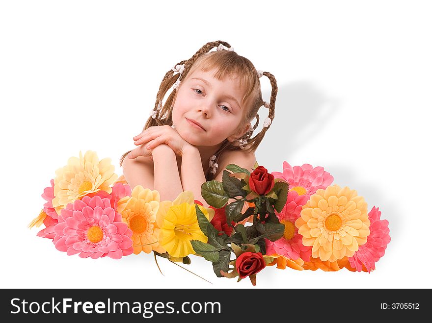 The girl and flowers on a white background