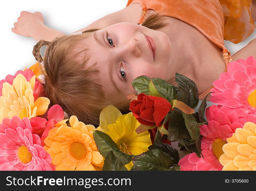 The girl and flowers on a white background