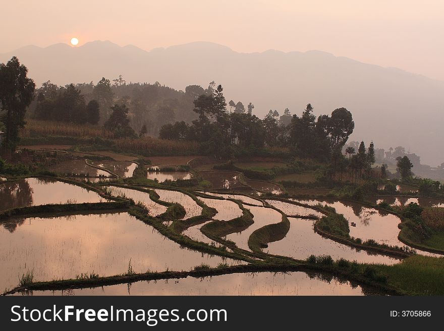 Sunset  by the terrace fields in southwest China. Sunset  by the terrace fields in southwest China