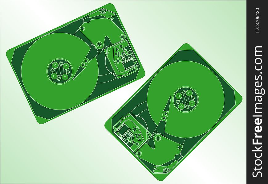 Inside hard disk on green. Inside hard disk on green