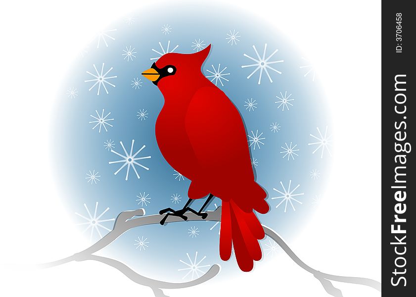 A clip art illustration of a red cardinal bird sitting on a branch in winter against a blue and snowflake filled background. A clip art illustration of a red cardinal bird sitting on a branch in winter against a blue and snowflake filled background