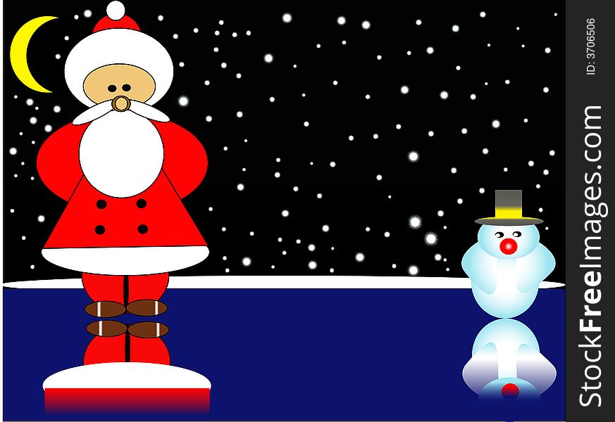 Santa claus and a snowman in the snow on ice. Santa claus and a snowman in the snow on ice