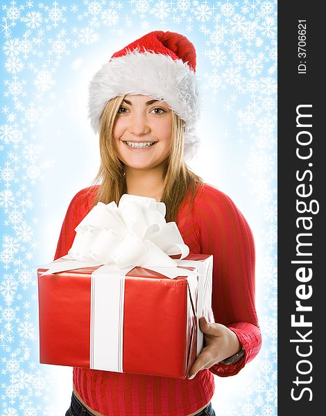 Christmas Girl In Red Hat With Box Gift